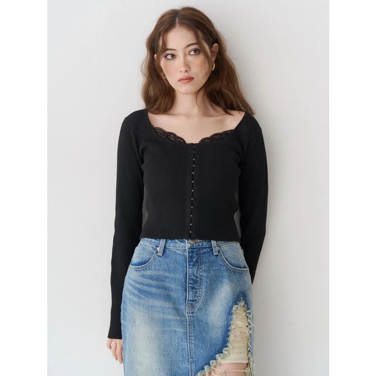 ブラック | フロントホックレースドッキングニットトップス | EVRIS