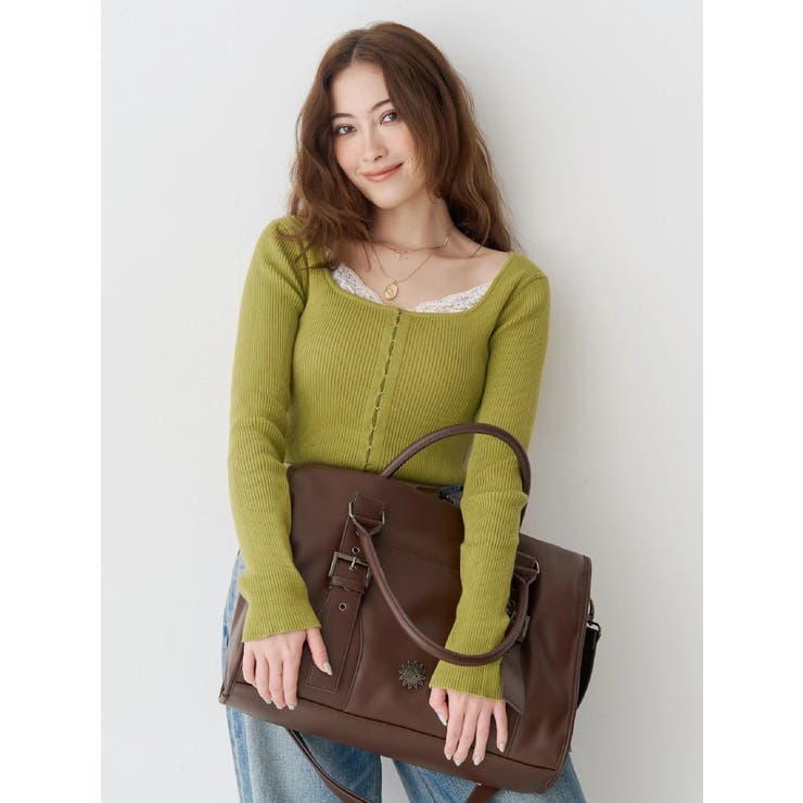 イエロー | フロントホックレースドッキングニットトップス | EVRIS