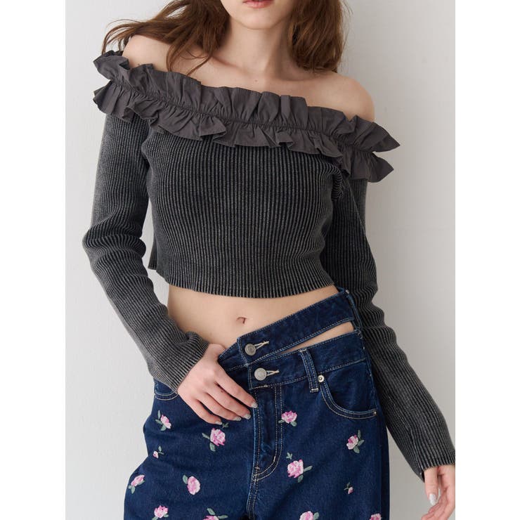 ブラック | フリルピグメントニットトップス | EVRIS