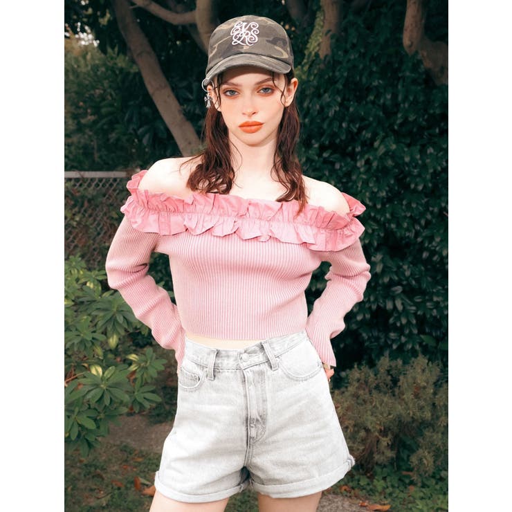 ピンク | フリルピグメントニットトップス | EVRIS