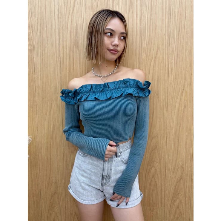 ブルー | フリルピグメントニットトップス | EVRIS