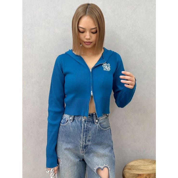 ブルー | ワンポイントジップアップニットフーディー | EVRIS