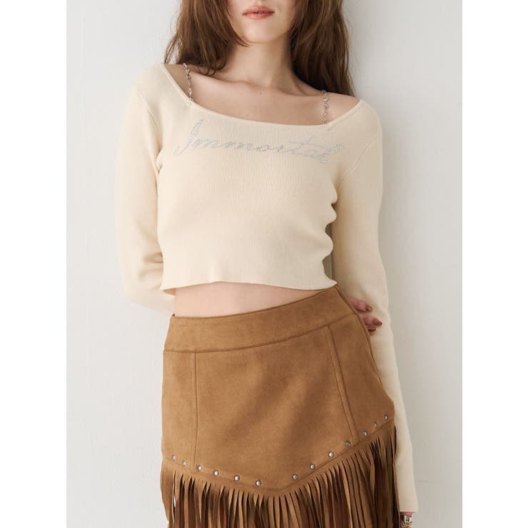 ホワイト | ラインストーンロゴニットトップス | EVRIS