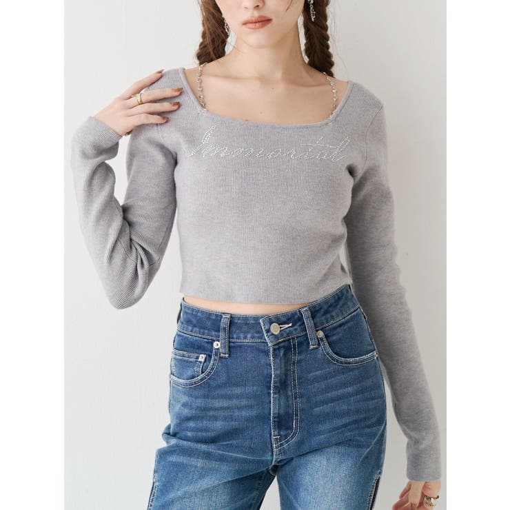 グレー | ラインストーンロゴニットトップス | EVRIS