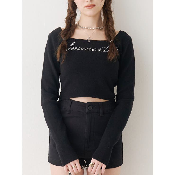 ブラック | ラインストーンロゴニットトップス | EVRIS