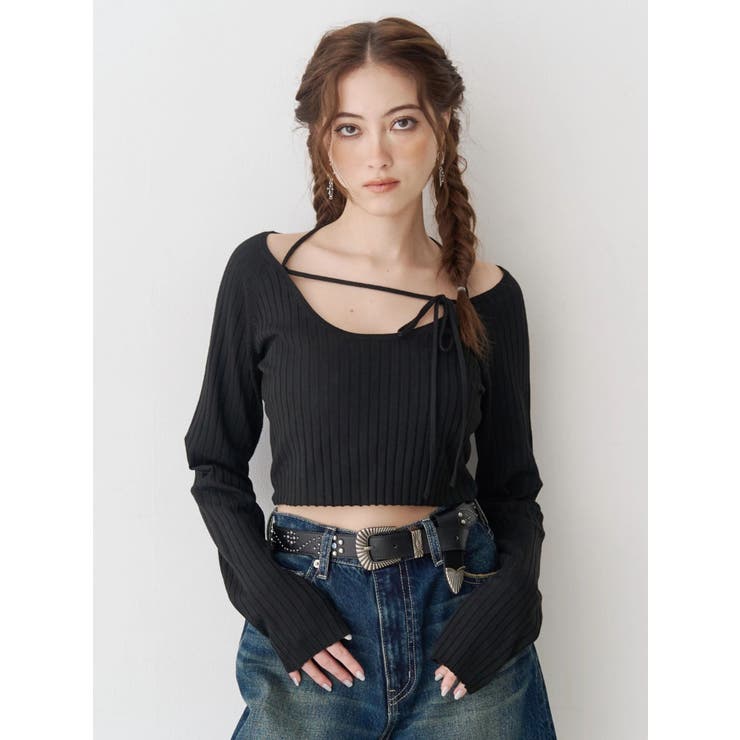 ブラック | ストラップデザインリブニットトップス | EVRIS