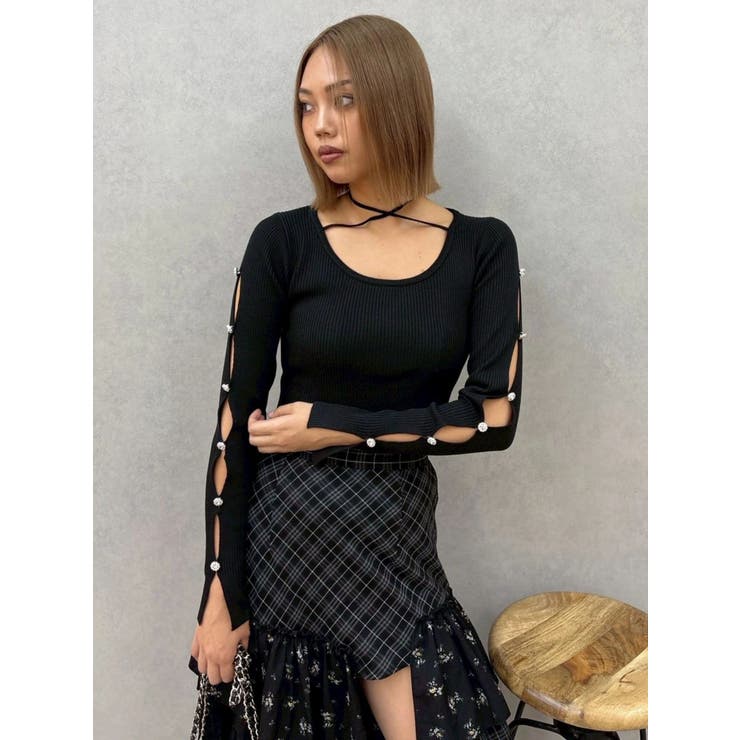 ブラック | アームビジューニットトップス | EVRIS