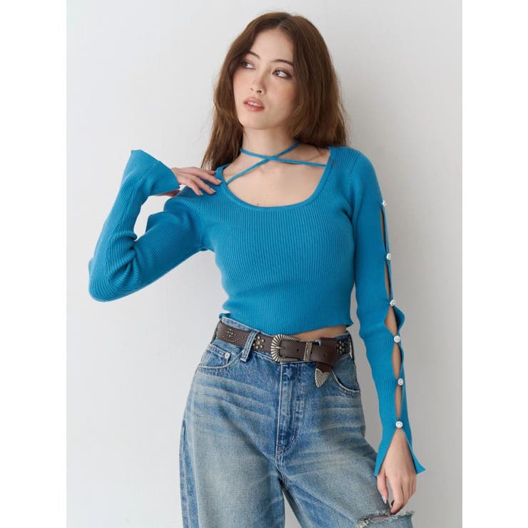 ブルー | アームビジューニットトップス | EVRIS