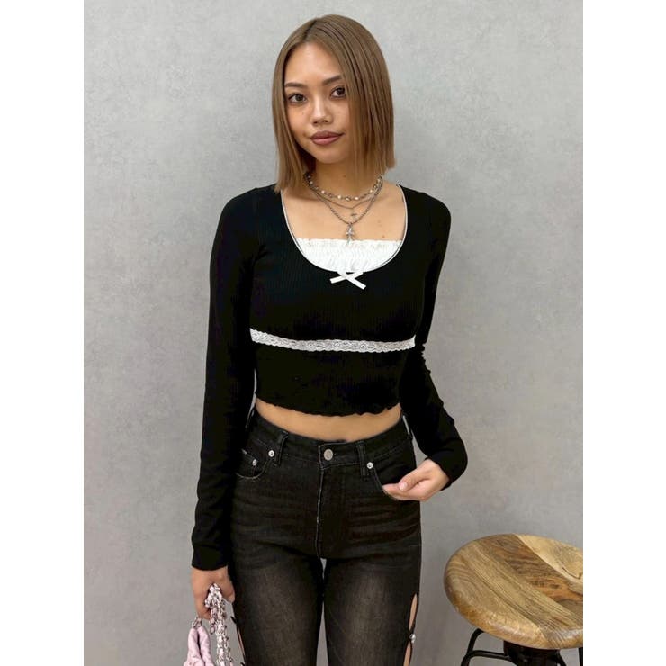 ブラック | レイヤードフリルトップス | EVRIS