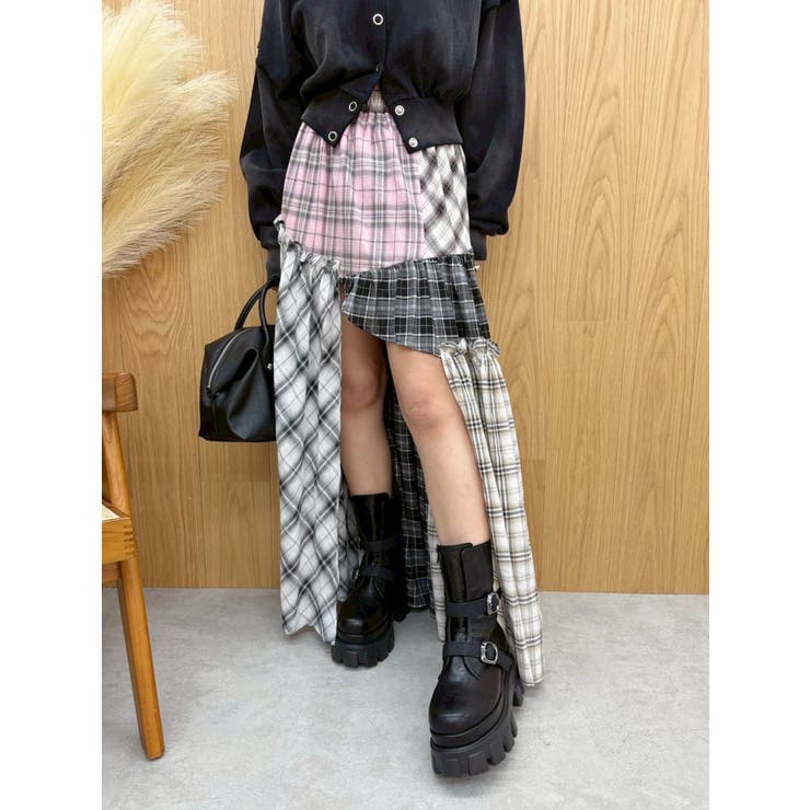 ピンク | チェックドッキングロングスカート | EVRIS