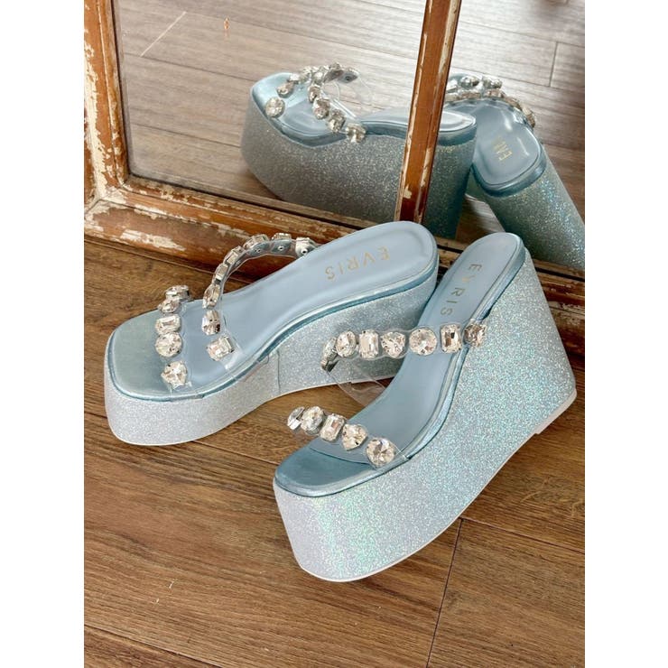 ブルー | 【厚底】ビジュープラットフォームサンダル | EVRIS