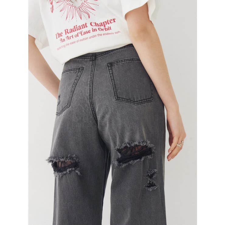 ブラック | BACKスラッシュレースワイドデニムパンツ | EVRIS