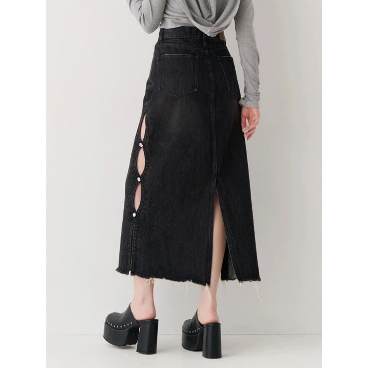 ブラック | サイドビジューカットロングデニムスカート | EVRIS