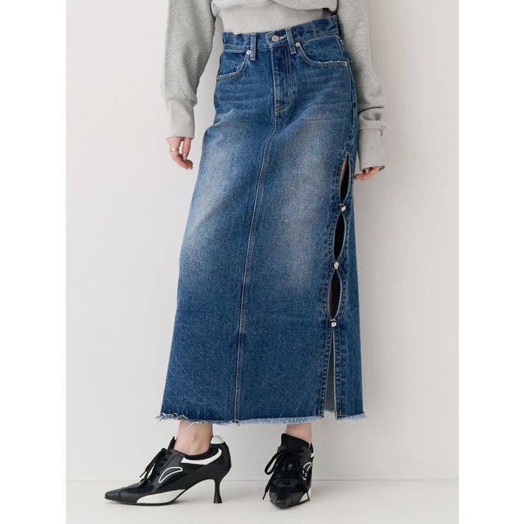 ブルー | サイドビジューカットロングデニムスカート | EVRIS