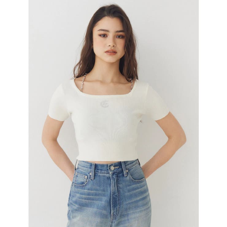 ホワイト | ワンポイントビジューチェーンニットトップス | EVRIS