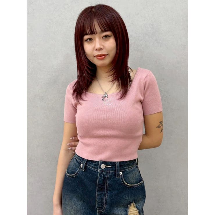 ピンク | ワンポイントビジューチェーンニットトップス | EVRIS