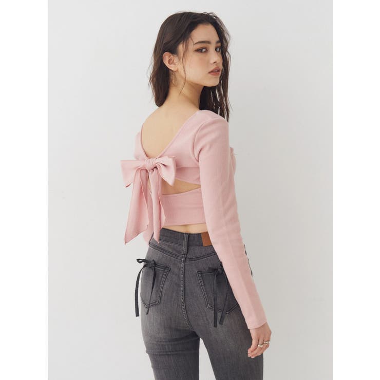 ピンク | バックリボンスクエアネックリブトップス | EVRIS