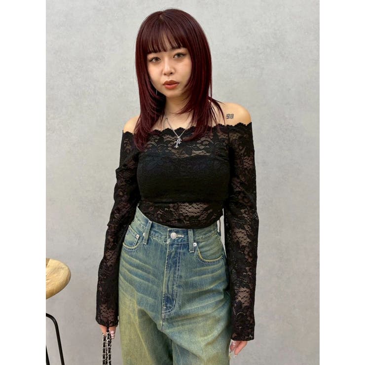 ブラック | スカラップオフショルレーストップス | EVRIS