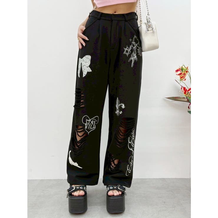 ブラック | グラフィックデザインワイドパンツ | EVRIS