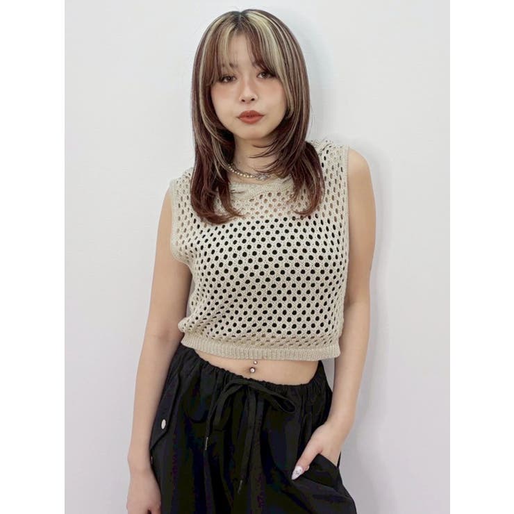 ベージュ | スカシアミフードニットトップス | EVRIS