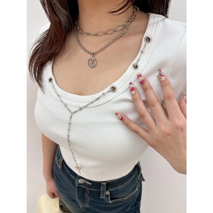ネックレスフレンチスリーブショートトップス | EVRIS | 詳細画像20 