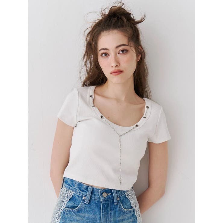 ホワイト | ネックレスフレンチスリーブショートトップス | EVRIS