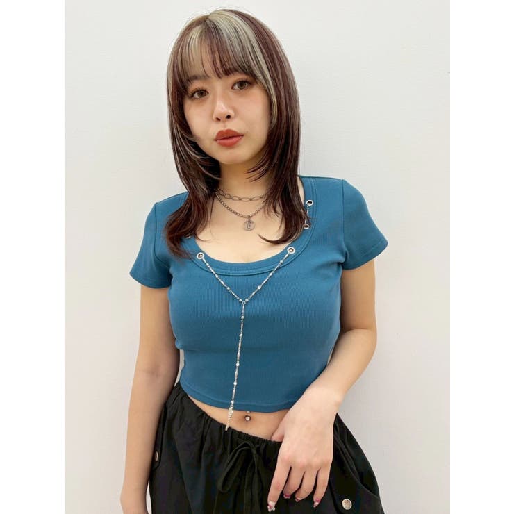 ブルー | ネックレスフレンチスリーブショートトップス | EVRIS