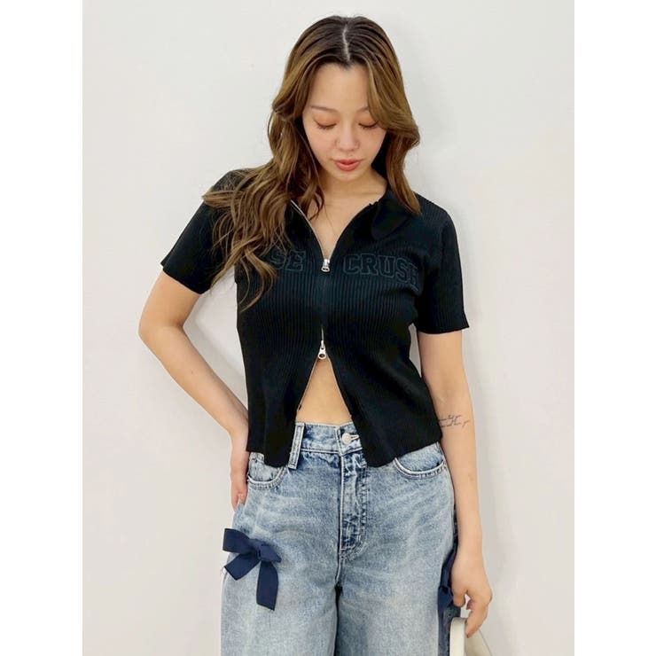 ブラック | Embroidery ZIP ニットトップス | EVRIS