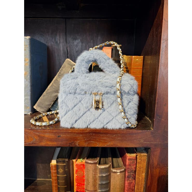 ブルー | フェイクファーキルティングバニティ－BAG | EVRIS