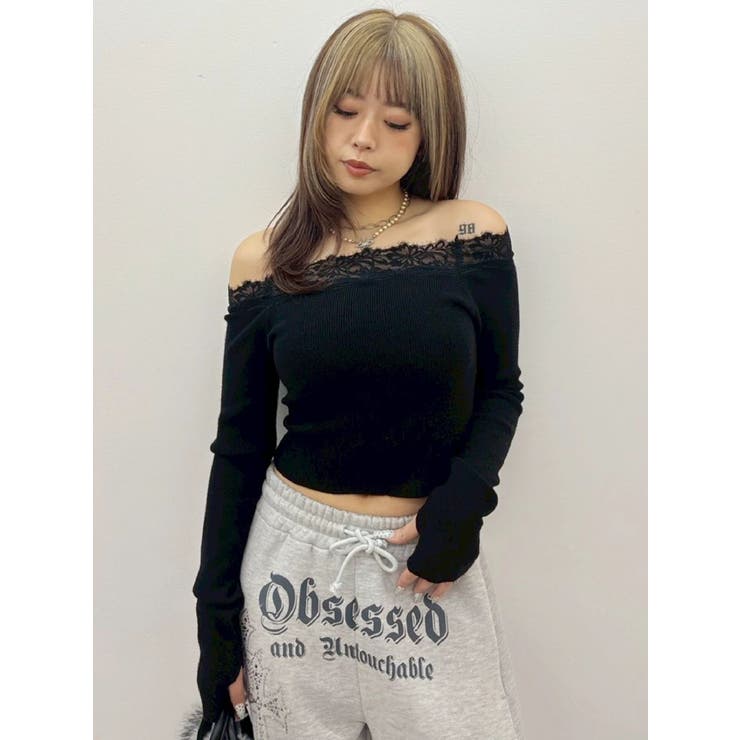 ブラック | レースドッキングオフショルニットトップス | EVRIS