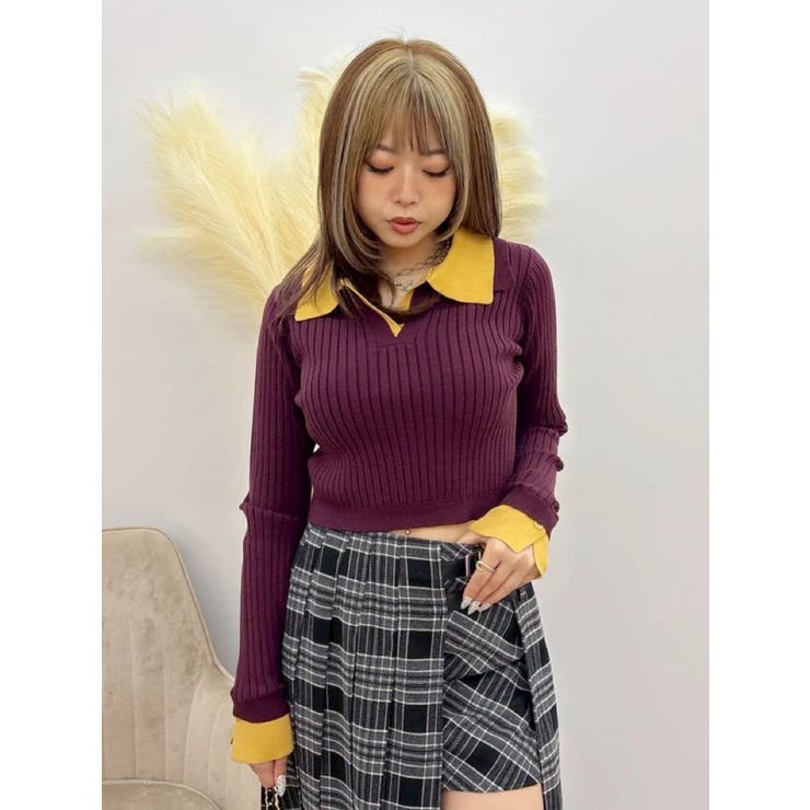 ボルドー | バイカラーポロニットトップス | EVRIS