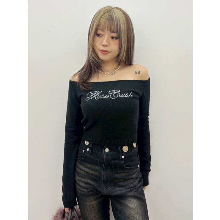 ブラック | ワンショルダーラインストーンニットトップス | EVRIS