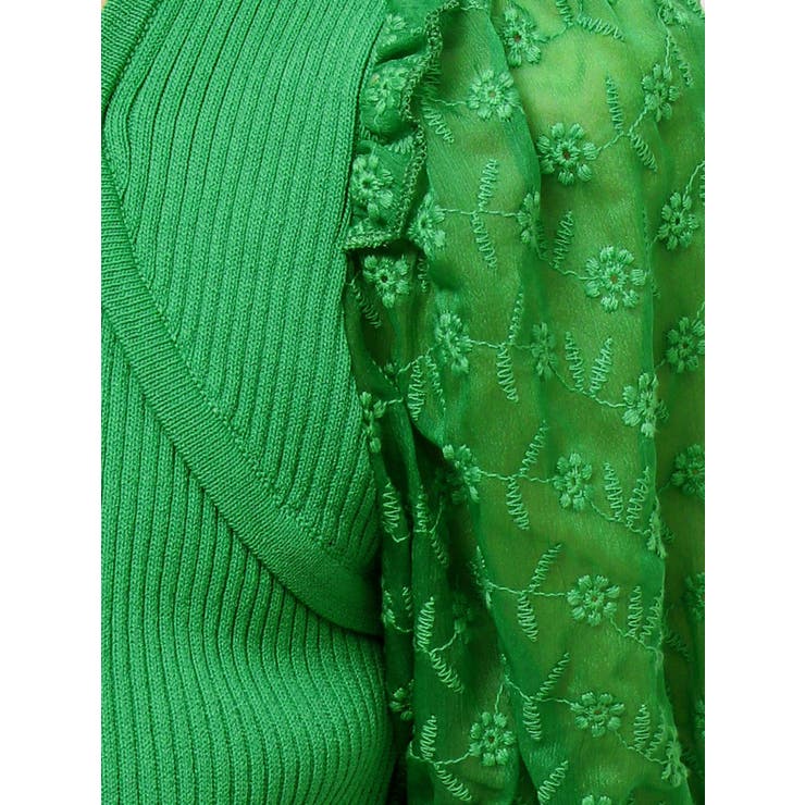 ✨美品✨45R✨フロートニットのフラワーフリルドレス✨Green