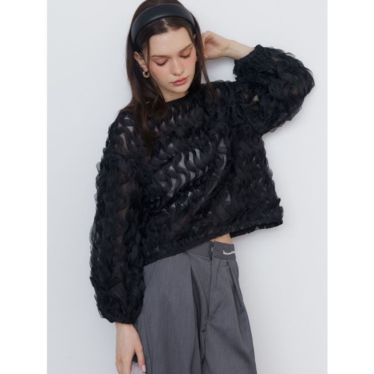 TOMO KOIZUMI 黒ラッフルスリーブTシャツ チュール ブラウス フリル