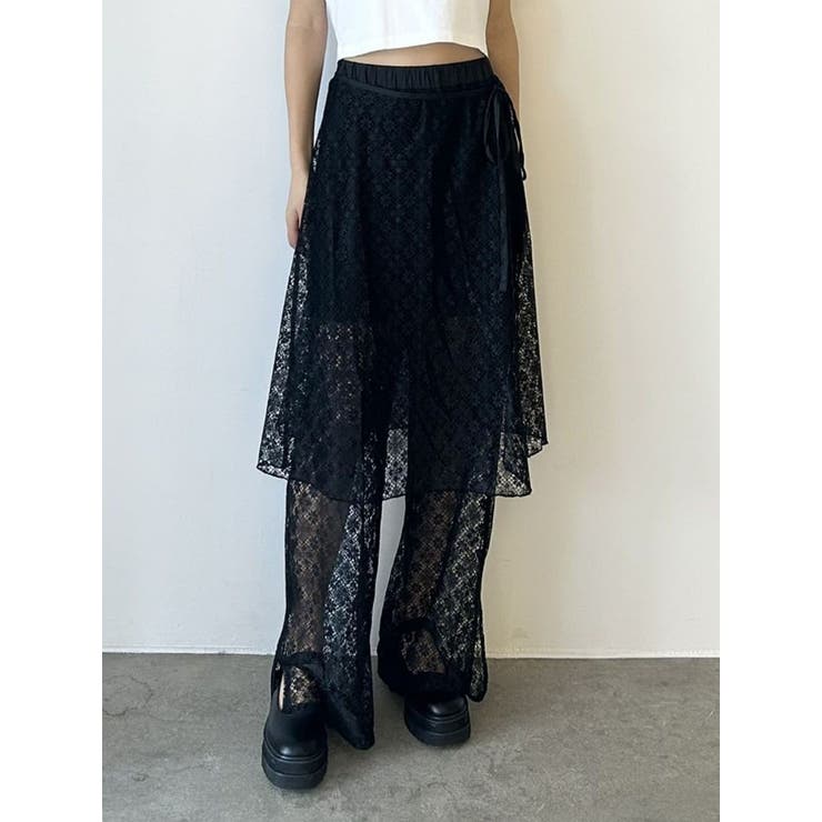 ブラック | LACE LAYERED SKPT/レースレイヤードスカートパンツ | CALNAMUR