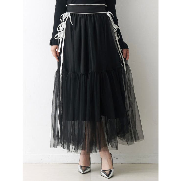 ブラック | サイドライン&リボンチュールスカート | CALNAMUR