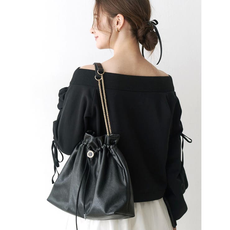 ブラック | ショルダーチェーンドローストリングバッグ | CALNAMUR