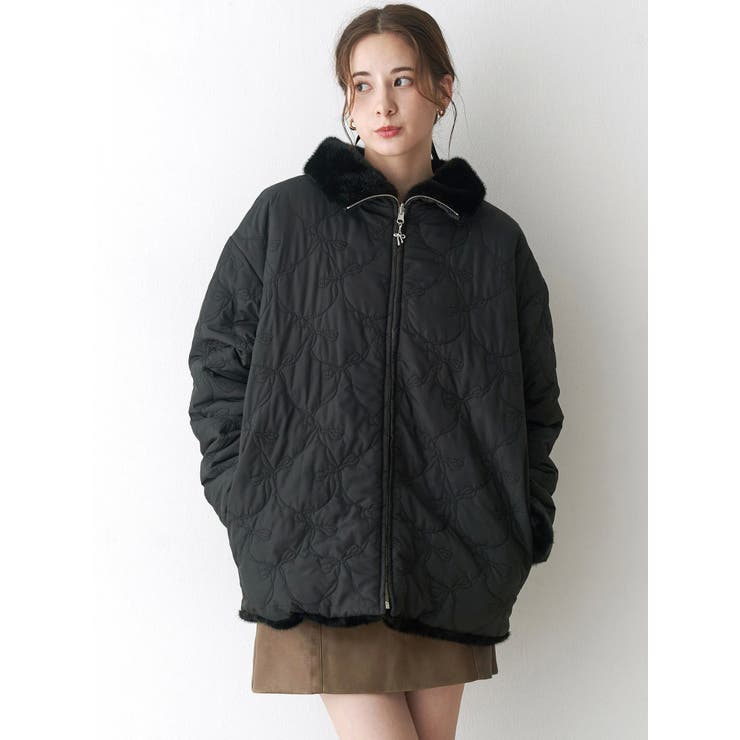 2WAYリボン＆フェイクファーキルティングコート[品番：MKSW0066986