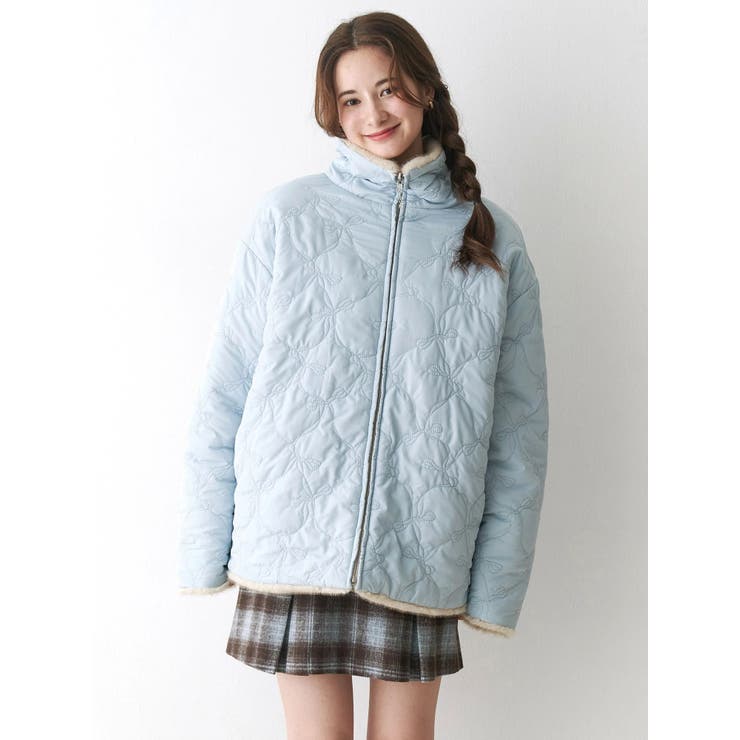 2WAYリボン＆フェイクファーキルティングコート[品番：MKSW0066986