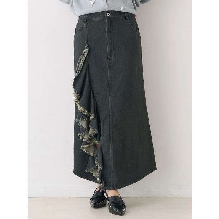 ブラック | フリルスリットデニムミニスカート | CALNAMUR