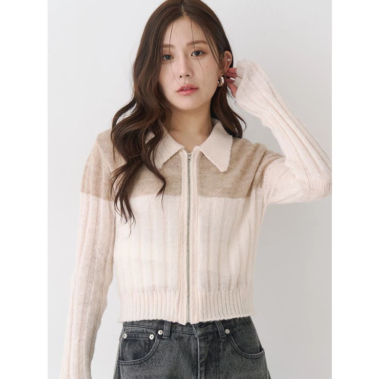 ピンク | フロントジップバイカラーニット | CALNAMUR