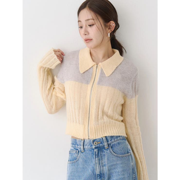 イエロー | フロントジップバイカラーニット | CALNAMUR