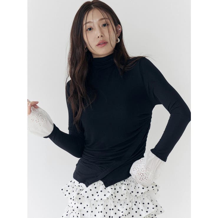 ブラック | レーヨンハイネックドッキングトップス | CALNAMUR