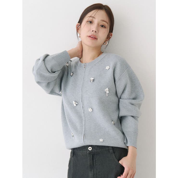 グレー | フロントジップビジューニットカーディガン | CALNAMUR