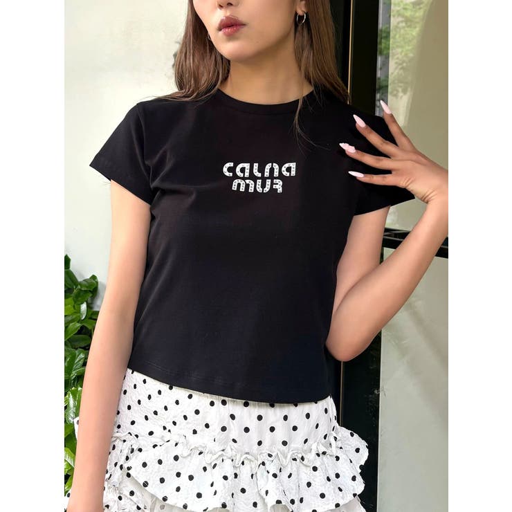 ブラック | ビジューロゴコンパクトTシャツ | CALNAMUR