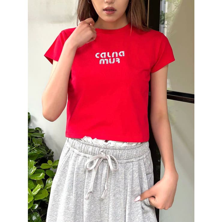 レッド | ビジューロゴコンパクトTシャツ | CALNAMUR