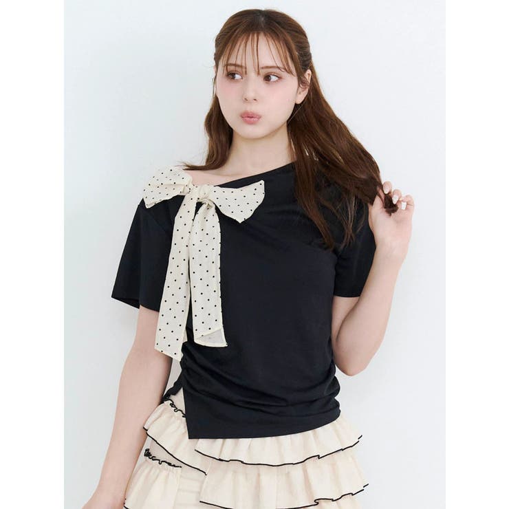 ブラック | リボン付きTシャツ | CALNAMUR