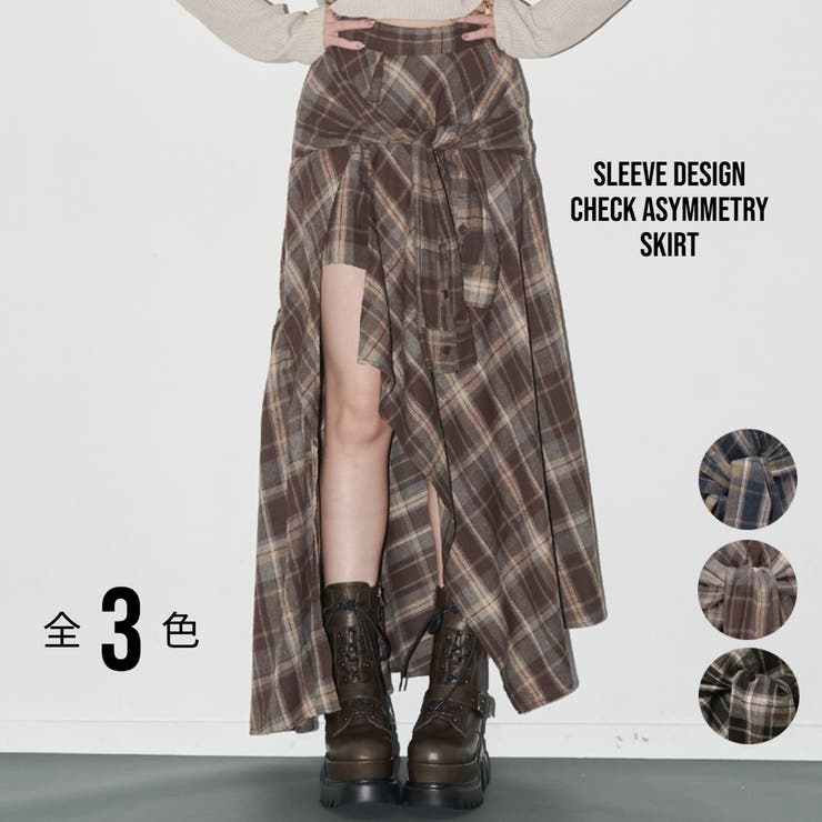 EVRIS スリーブデザインチェックアシンメトリースカート　トップス　上下セット スリーブデザインチェックアシンメトリースカート[品番：MKSW0066701