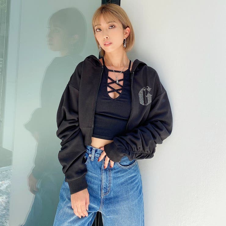 G BIJOUショートスウェットZIP UPパーカー[品番：MKSW0048623]｜GYDA