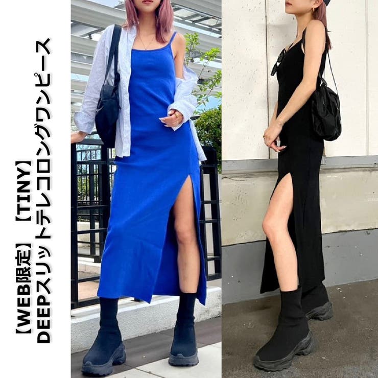 GYDA テレコDEEPスリットロングワンピース GYDA 【TINY】DEEPスリットテレコロングワンピース （ブラック